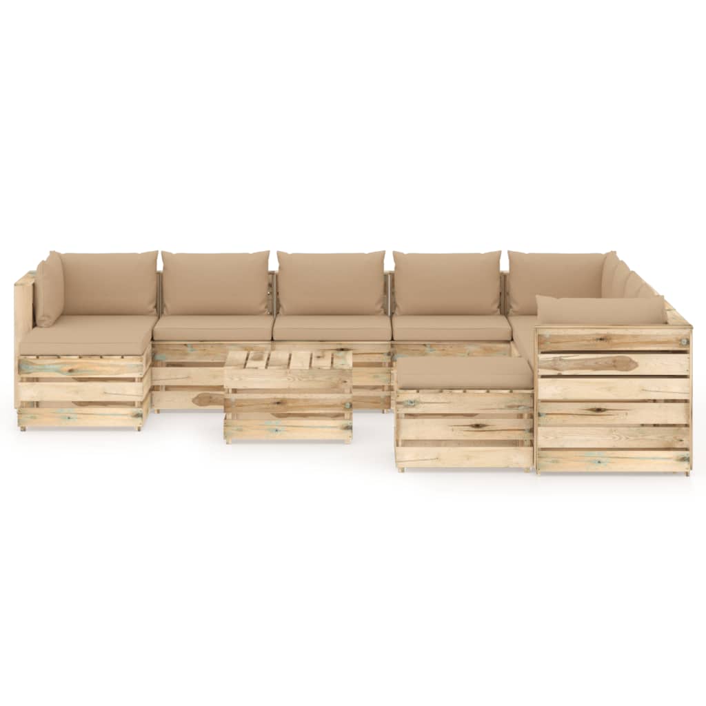 

vidaXL 11-delige Loungeset met kussens groen geïmpregneerd hout