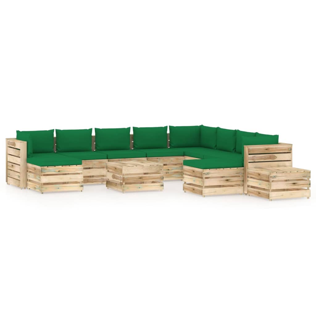 Salon de jardin 12 pcs avec coussins Bois imprégné de vert