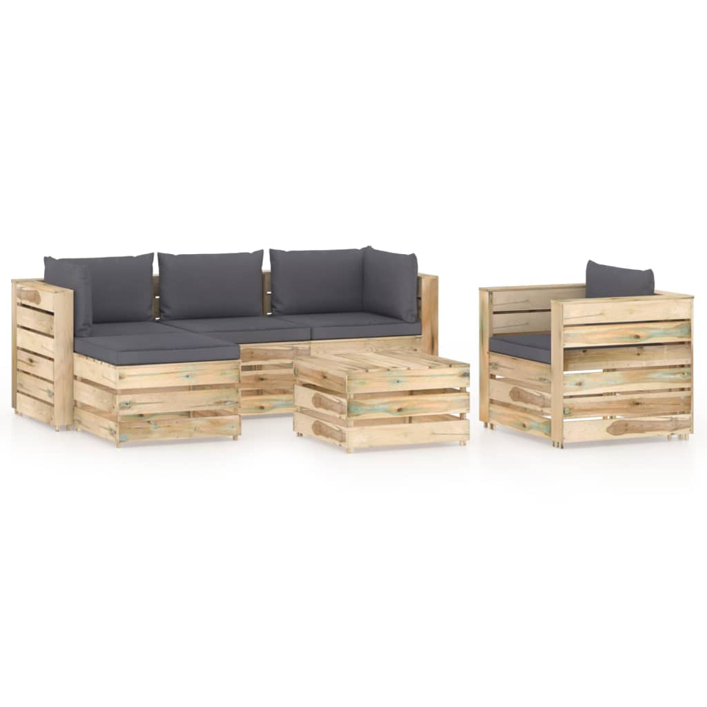 Salon de jardin 6 pcs avec coussins Bois imprégné de vert