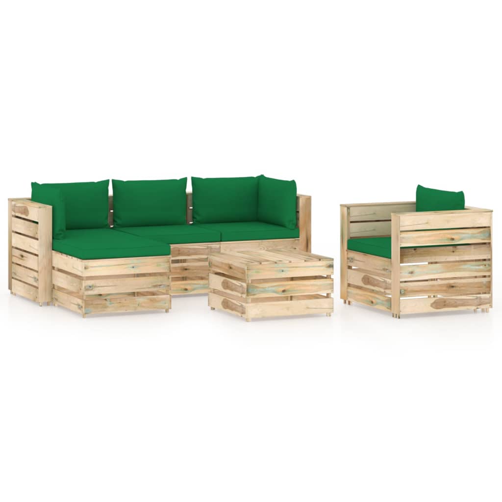 Salon de jardin 6 pcs avec coussins Bois imprégné de vert