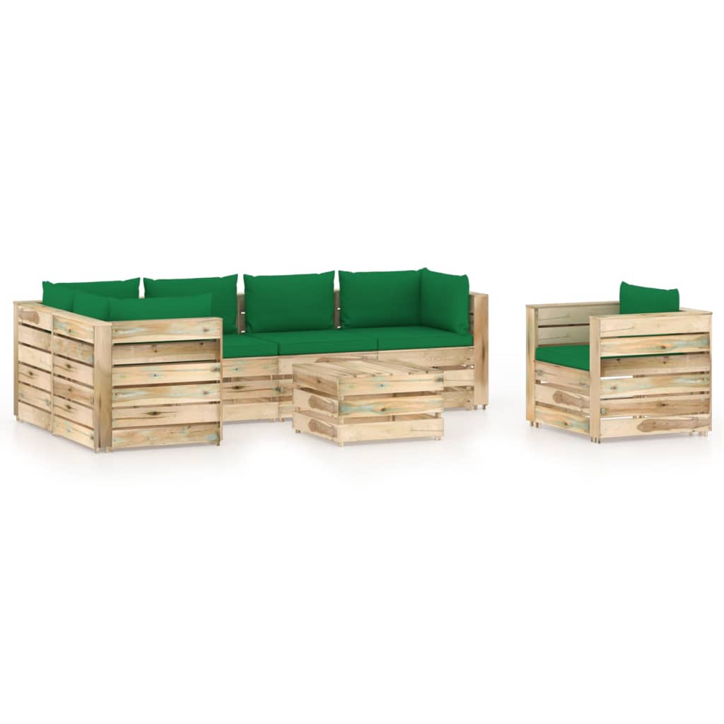 Salon de jardin 7 pcs avec coussins Bois imprégné de vert