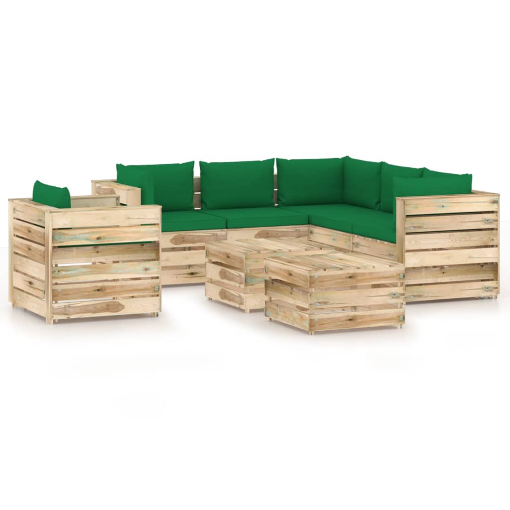 Salon de jardin 8 pcs avec coussins Bois imprégné de vert
