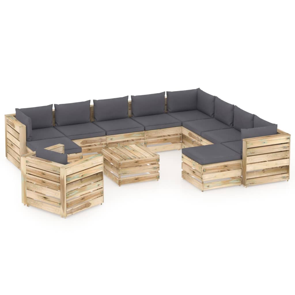Salon de jardin 12 pcs avec coussins Bois imprégné de vert
