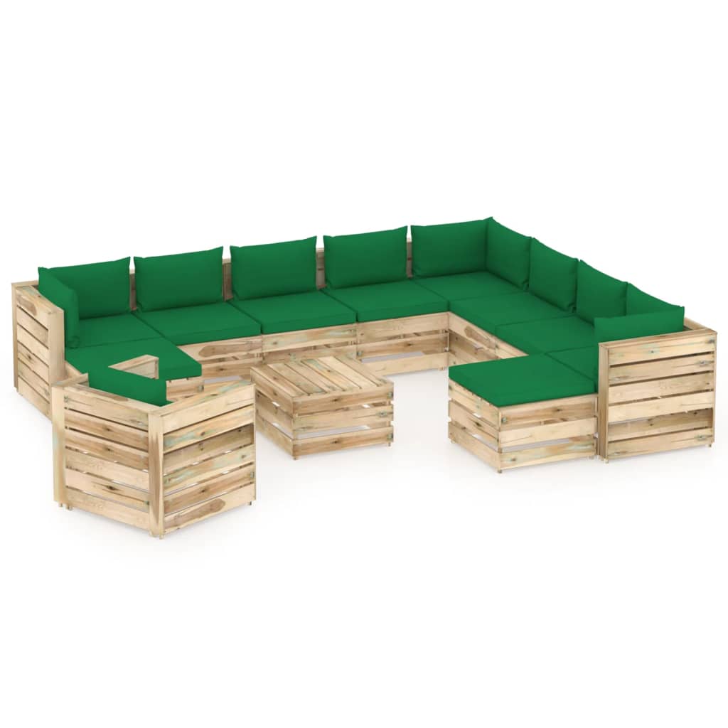 Salon de jardin 12 pcs avec coussins Bois imprégné de vert
