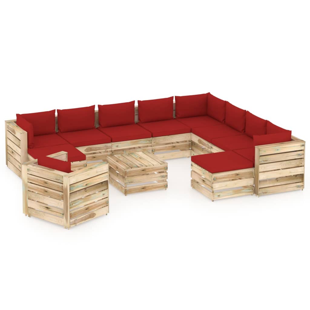 Salon de jardin 12 pcs avec coussins Bois imprégné de vert