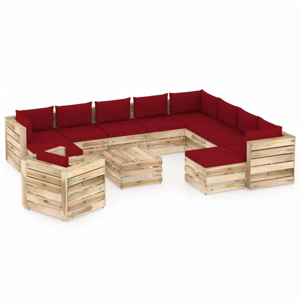 Salon de jardin 12 pcs avec coussins Bois imprégné de vert
