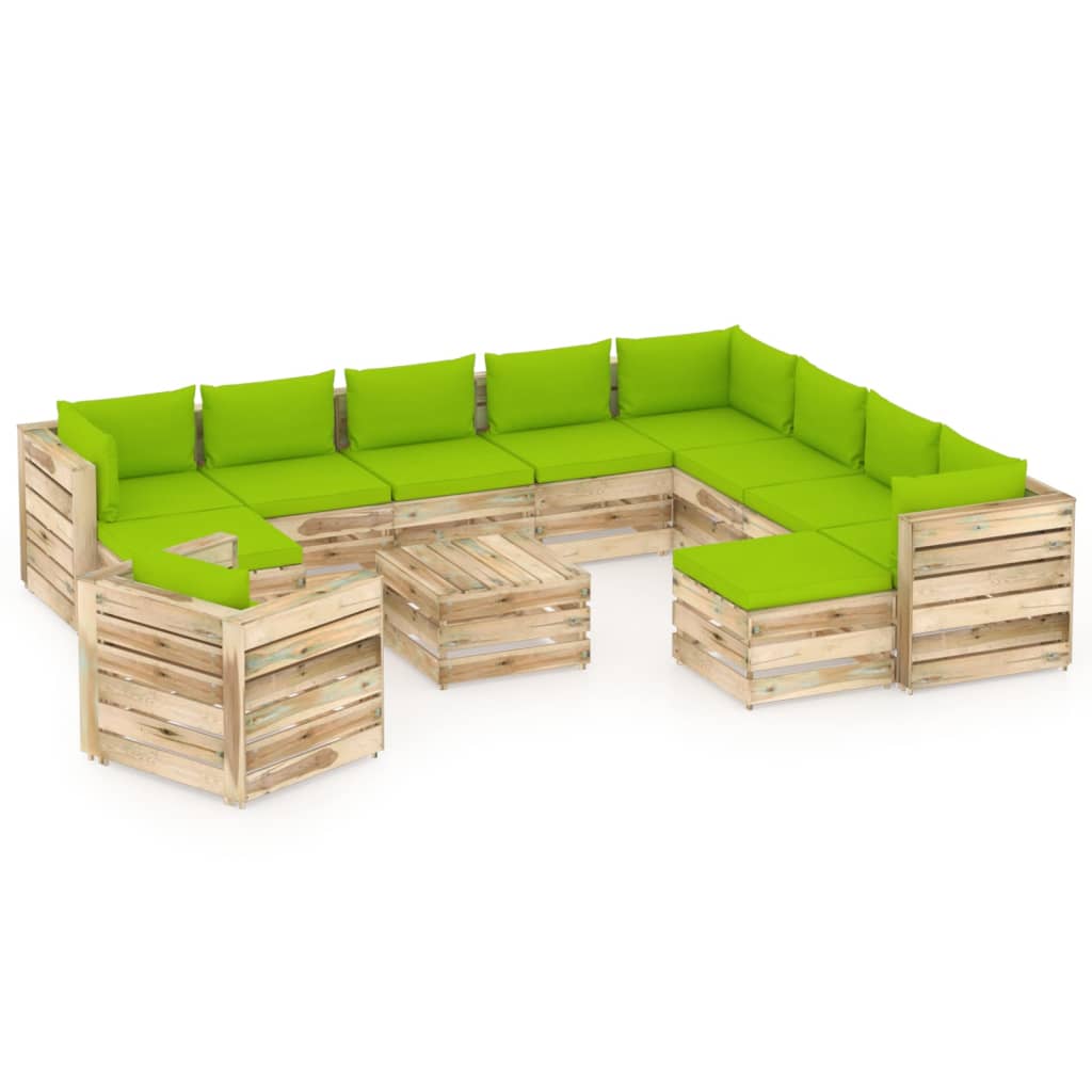 Poza vidaXL Set mobilier gradina cu perne, 12 piese, lemn tratat verde