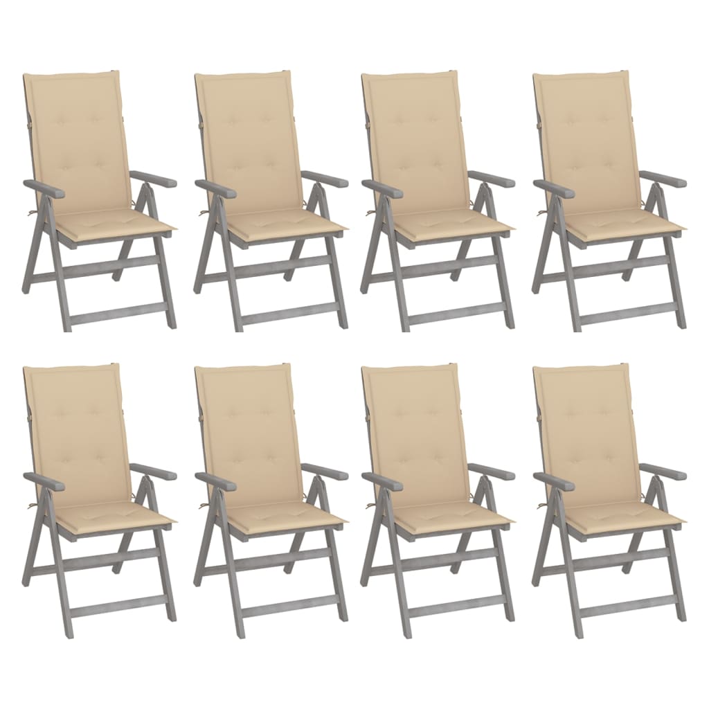 8 db szürke tömör akácfa kerti dönthető szék párnával 