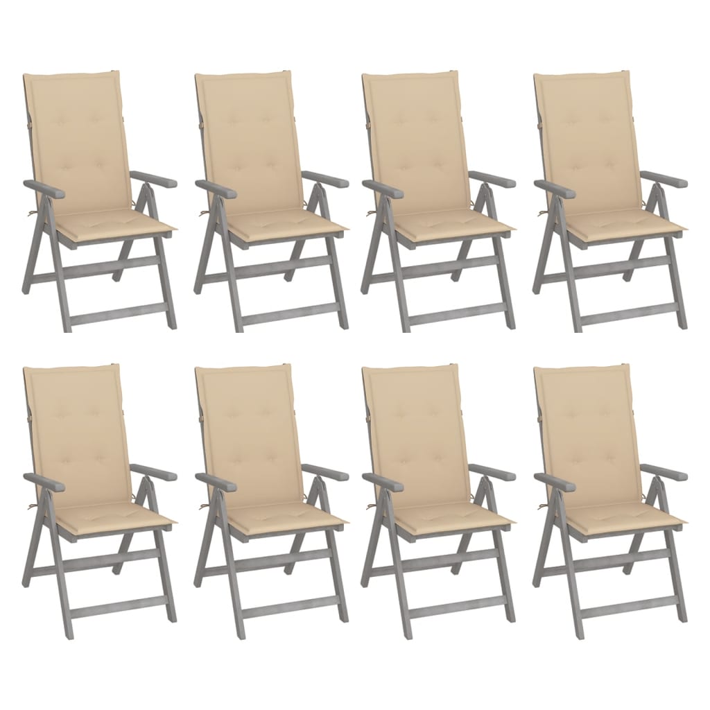 Image of vidaXL Garden Reclining Chairs with Cushions 8 pcs Grey Acacia Wood
