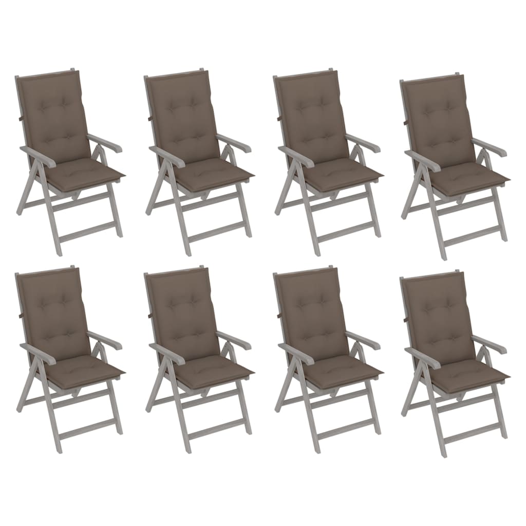8 db szürke tömör akácfa kerti dönthető szék párnával 