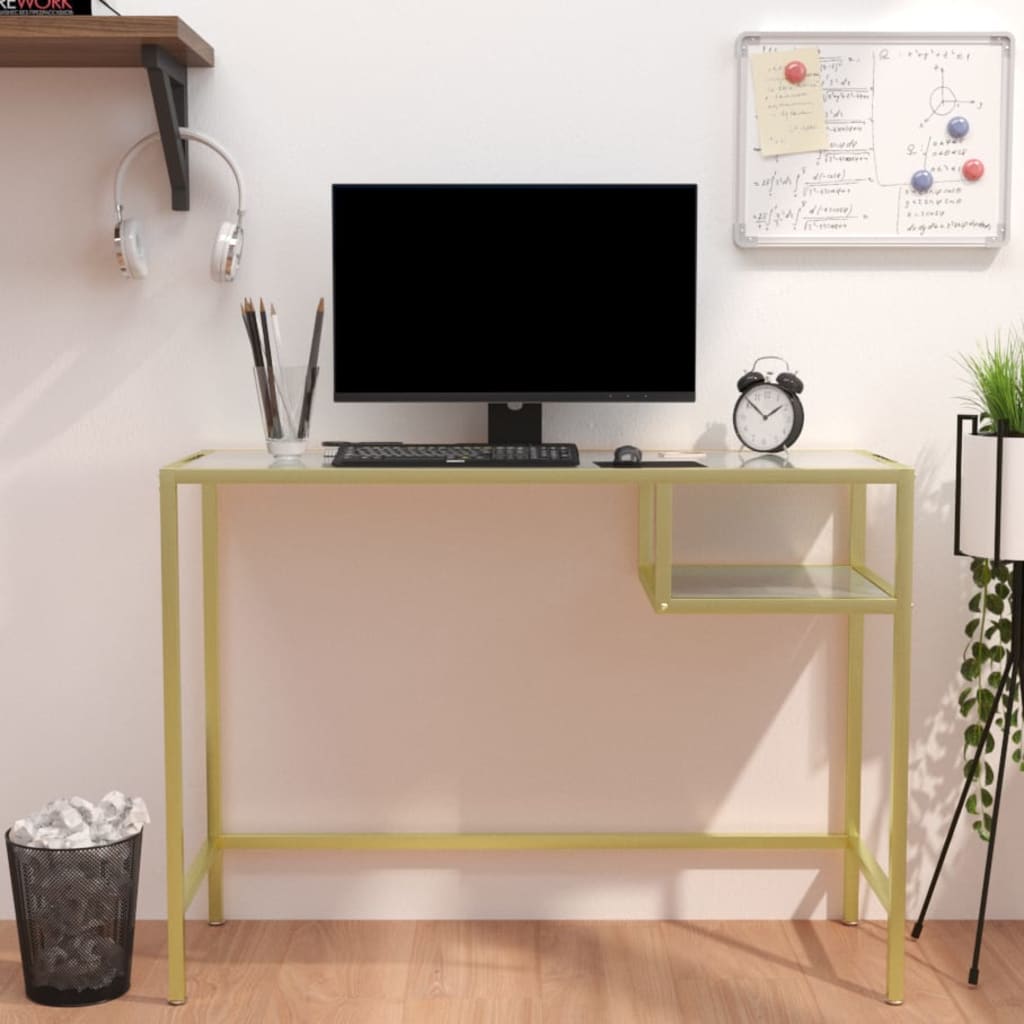 imagem de vidaXL Mesa de computador vidro 100x36x74 cm branco e dourado1