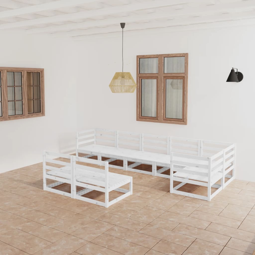 Set mobilier de grădină, 8 piese, alb, lemn masiv de pin