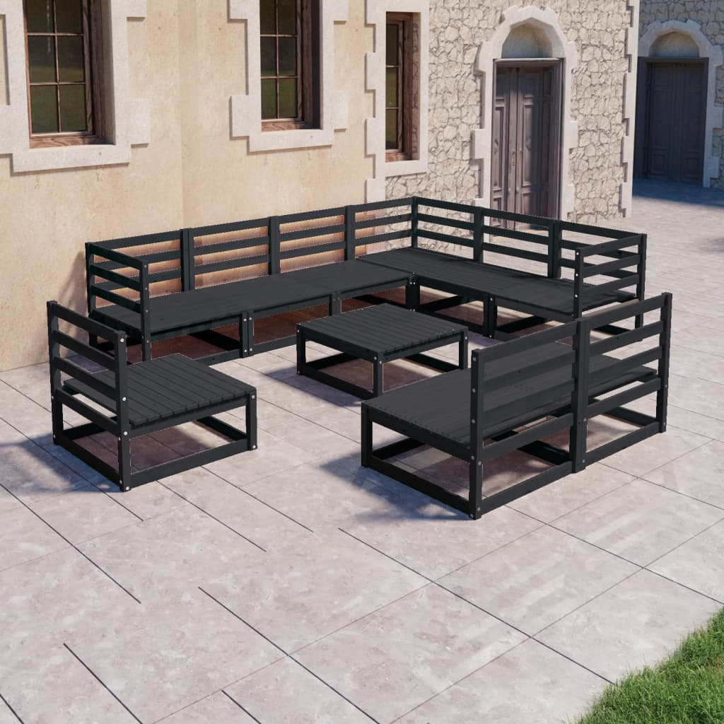 vidaXL Set mobilier de grădină, 10 piese, negru, lemn masiv pin