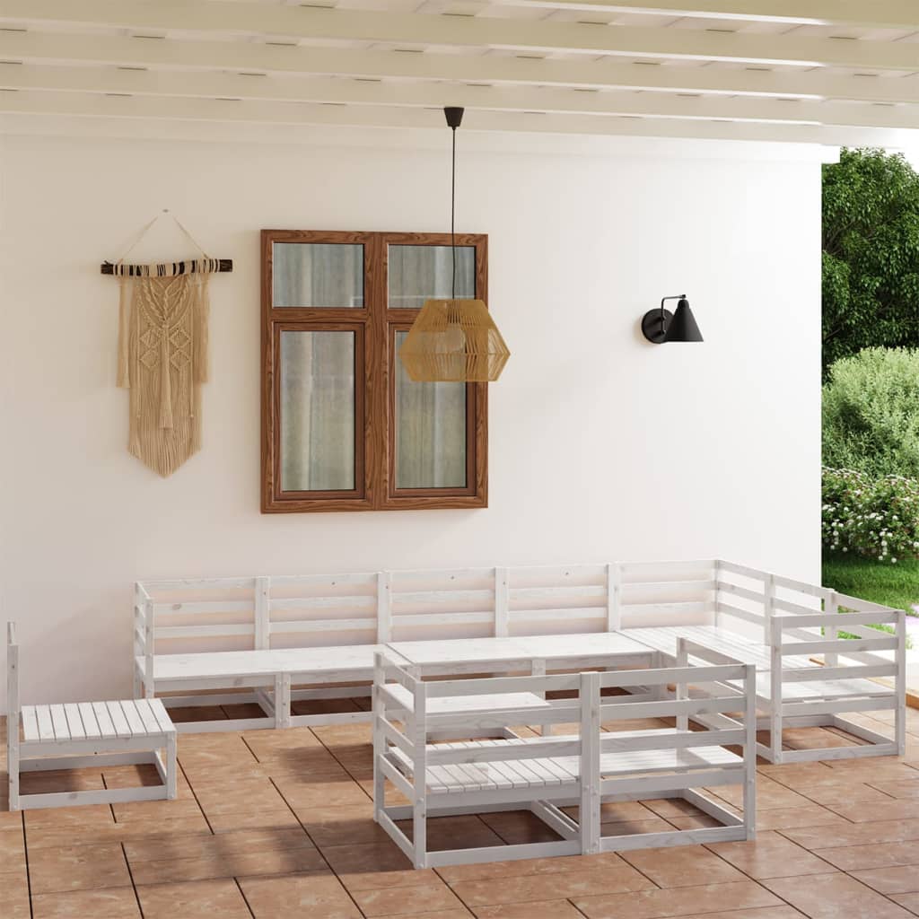 vidaXL Set mobilier relaxare de grădină, 11 piese, alb, lemn masiv pin