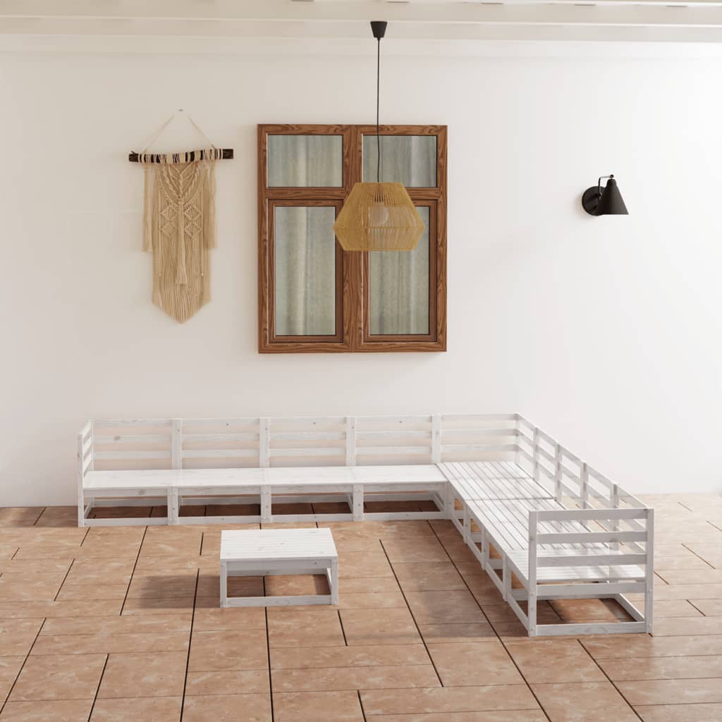 Set mobilier de grădină, 10 piese, alb, lemn masiv de pin