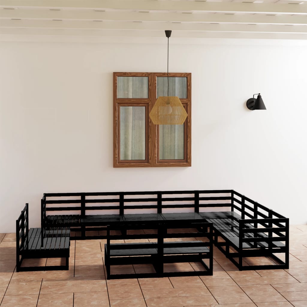 vidaXL Set mobilier de grădină, 12 piese, negru, lemn masiv pin