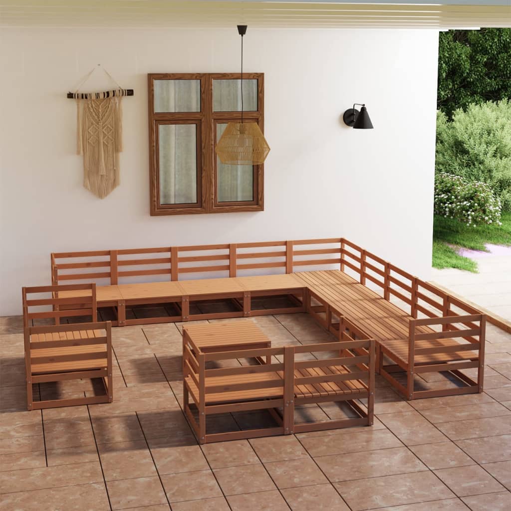Zestaw wypoczynkowy ogrodowy, drewno sosnowe, kolor miodowy brąz, 6x sofa środkowa, 7x sofa narożna, 1x stolik/podnóżek (70x70x67/30 cm)