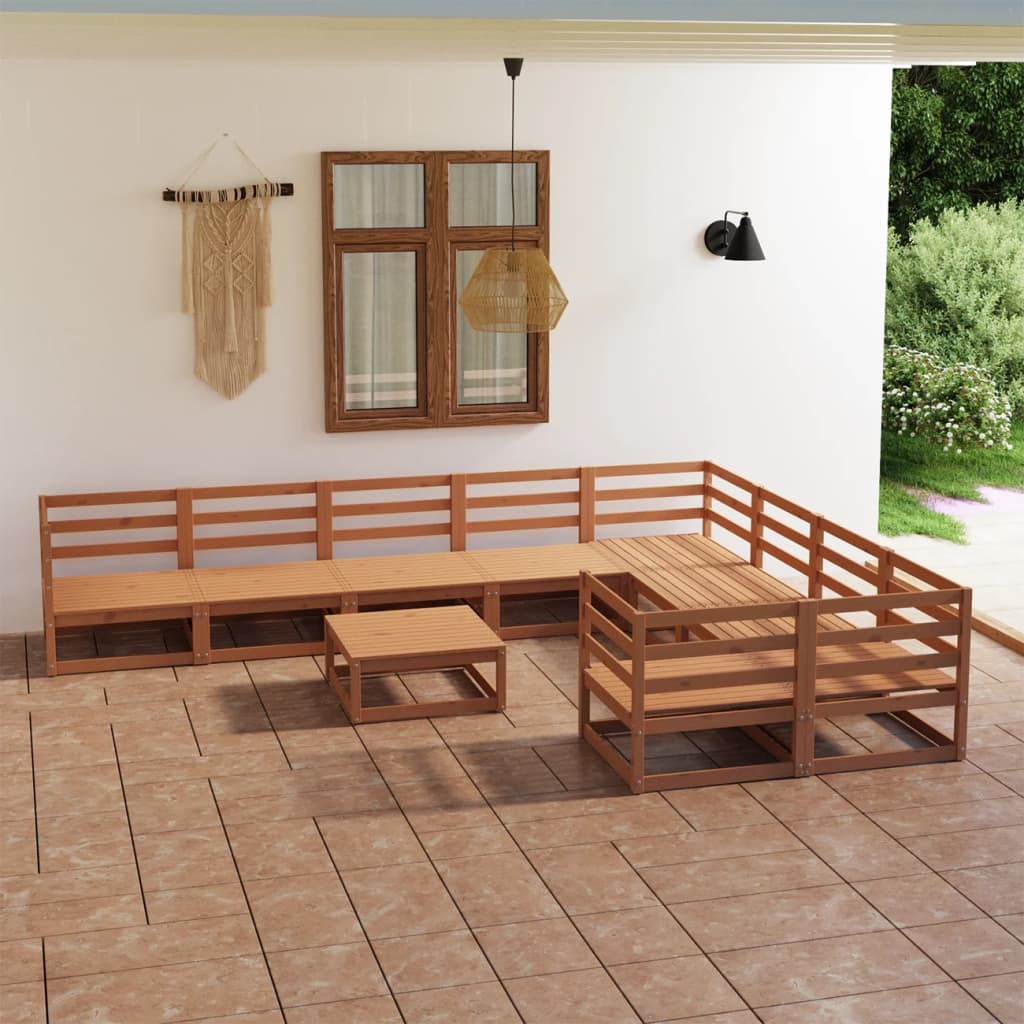 Zestaw wypoczynkowy ogrodowy, drewno sosnowe, miodowy brąz, 9s, 5x sofa środkowa, 4x sofa narożna, 1x stolik/podnóżek
