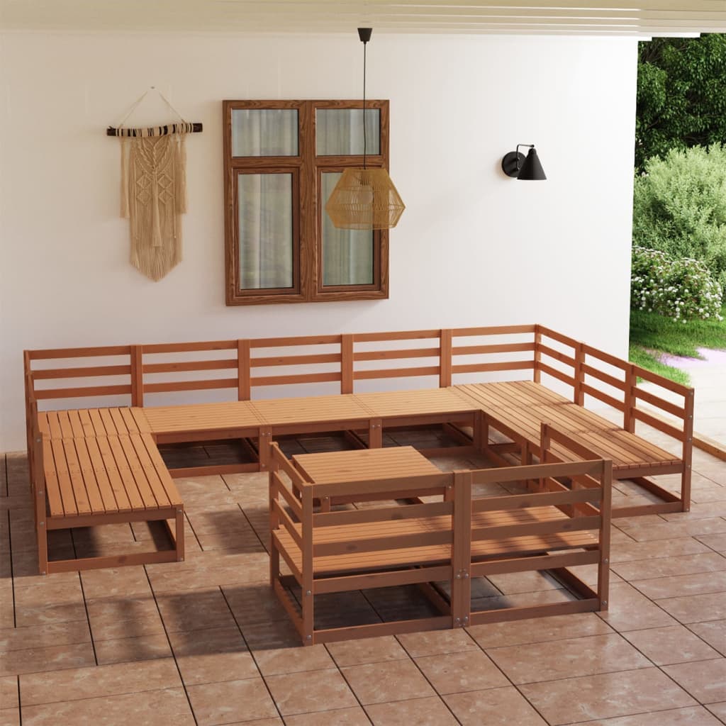 Zestaw wypoczynkowy ogrodowy - drewno sosnowe, miodowy brąz, 7 sof środkowych, 4 sofy narożne, stolik/podnóżek