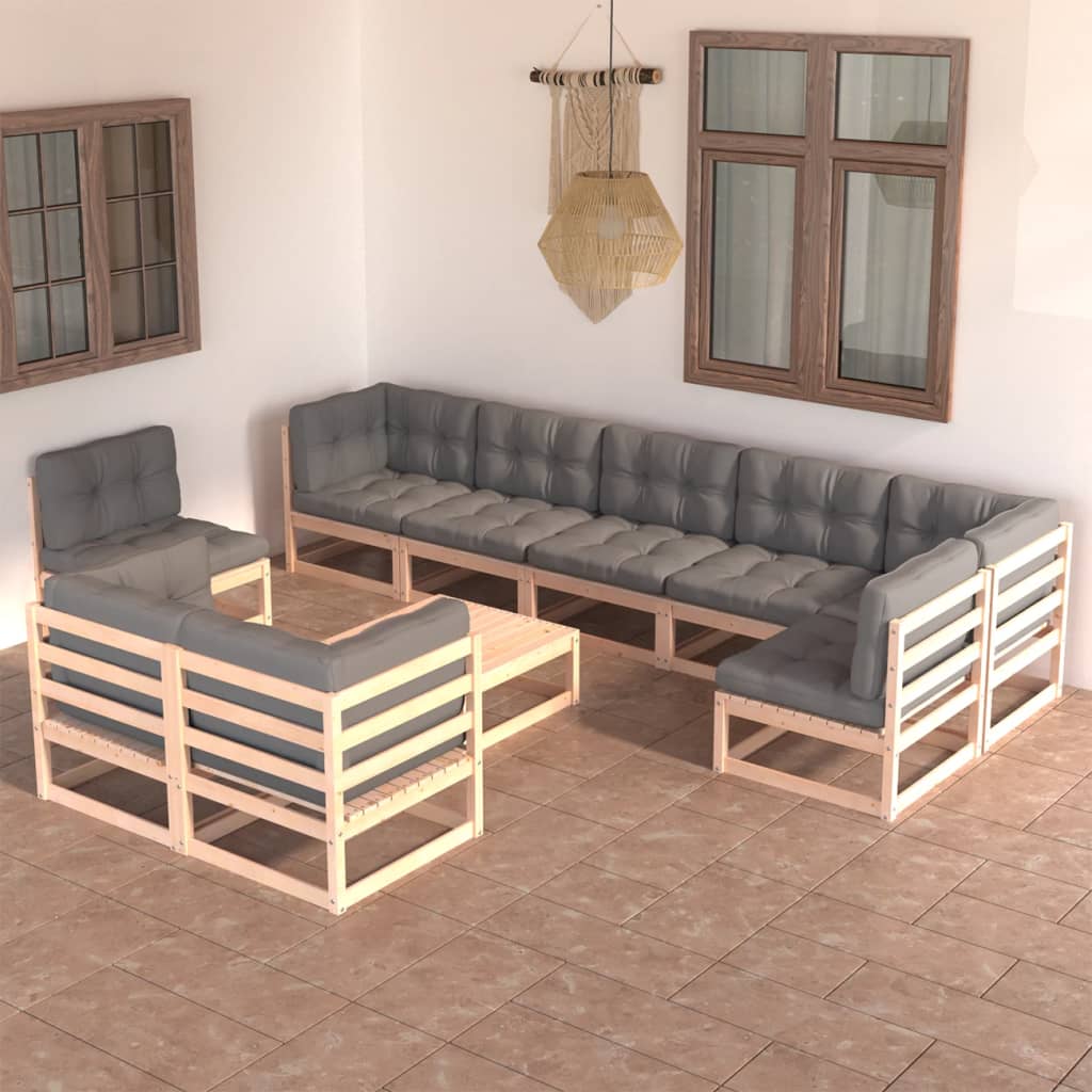 vidaXL Set Divani da Giardino 10 pz con Cuscini Legno Massello di Pino
