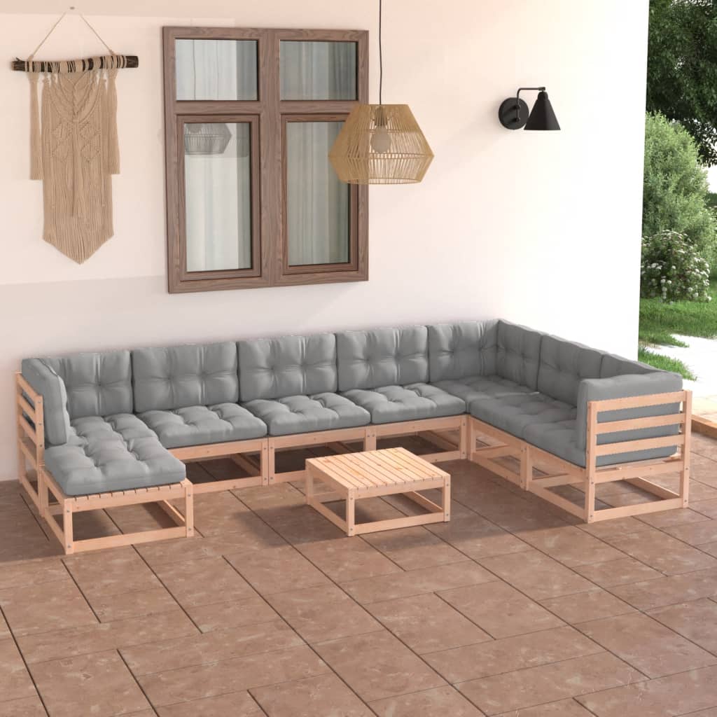 Salon de jardin 9 pcs avec coussins Bois de pin massif