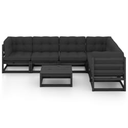 vidaXL 7-tlg. Garten-Lounge-Set mit Kissen Schwarz Massivholz Kiefer