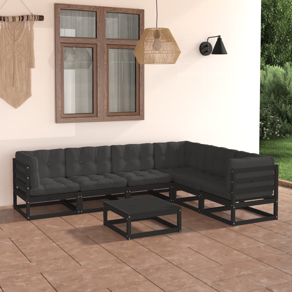 vidaXL 7-tlg. Garten-Lounge-Set mit Kissen Schwarz Massivholz Kiefer