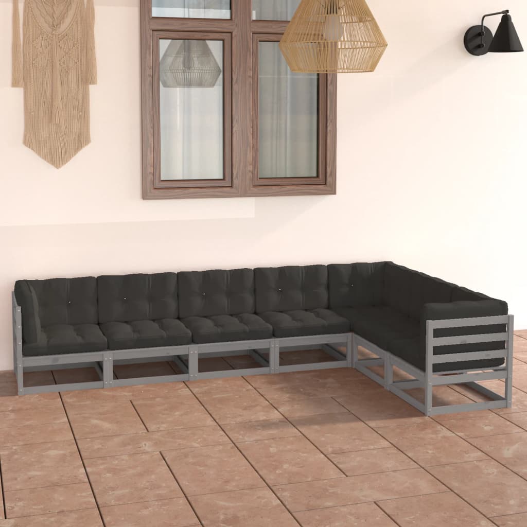 vida XL 7-tlg. Garten-Lounge-Set mit Kissen Grau Kiefer Massivholz