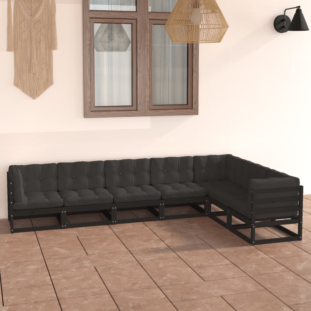 vidaXL 7-tlg. Garten-Lounge-Set mit Kissen Schwarz Massivholz Kiefer