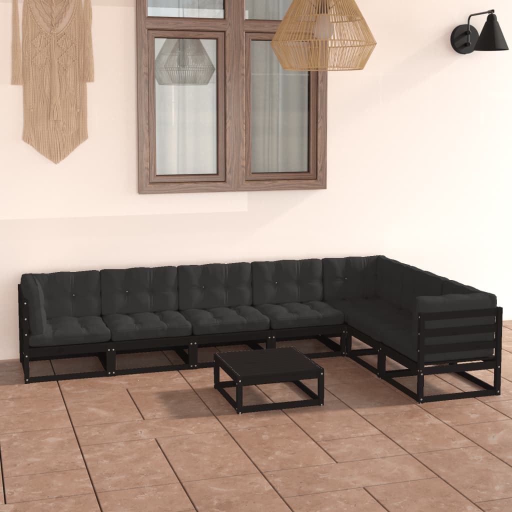 Set mobilier grădină cu perne, 8 piese, negru, lemn masiv pin