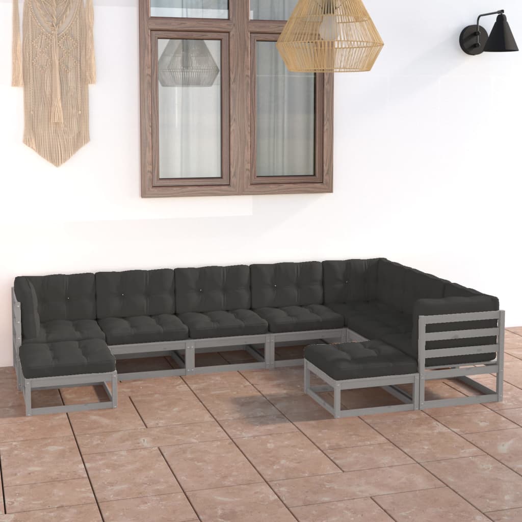 Salon de jardin 9 pcs avec coussins Gris Bois de pin massif