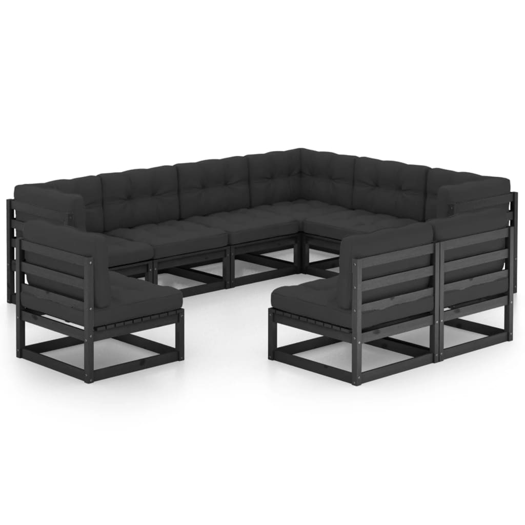 vidaXL Set mobilier grădină cu perne, 9 piese, negru, lemn masiv pin