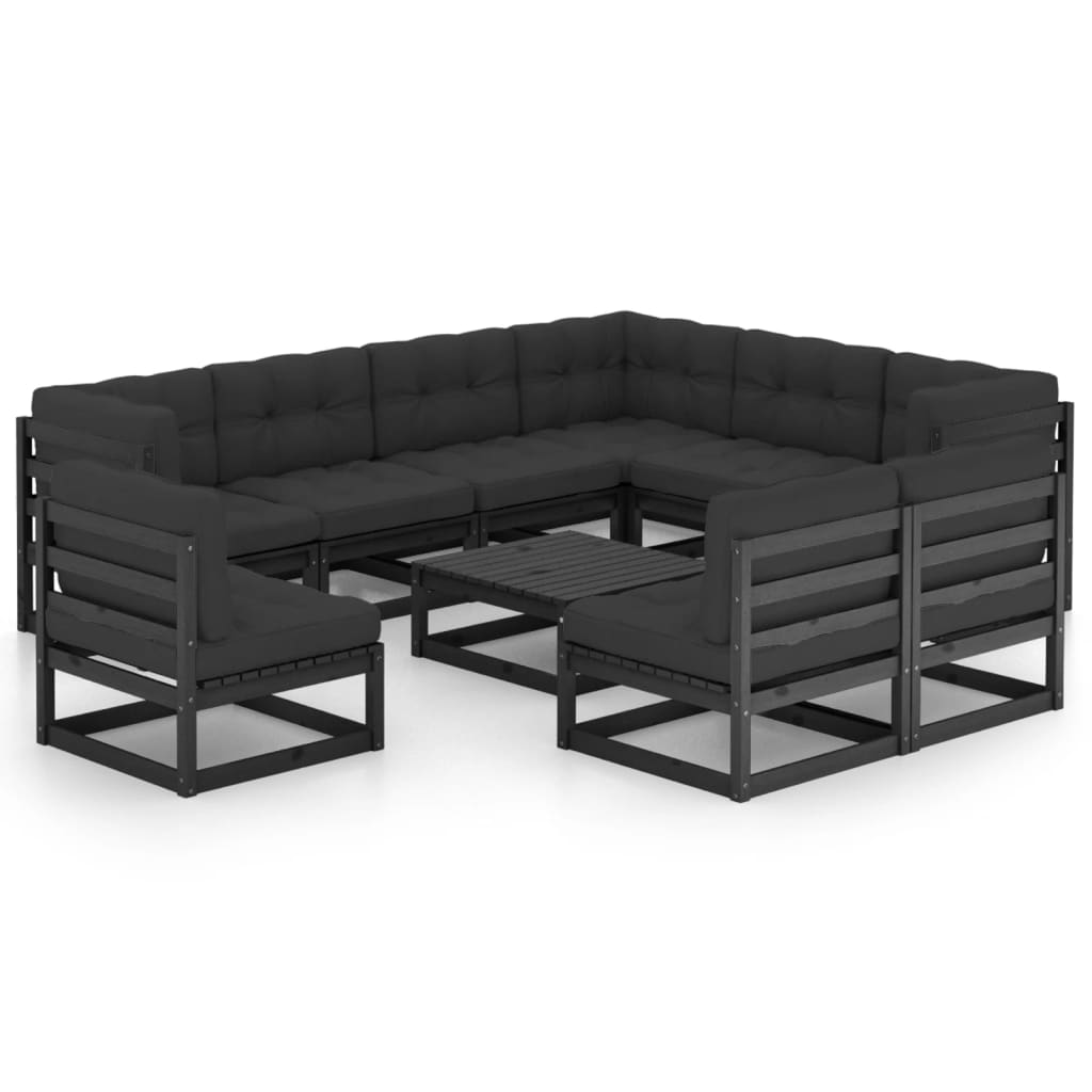 vidaXL Set mobilier grădină cu perne, 10 piese, negru, lemn masiv pin