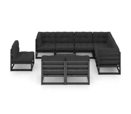 vidaXL Set mobilier grădină cu perne, 10 piese, negru, lemn masiv pin