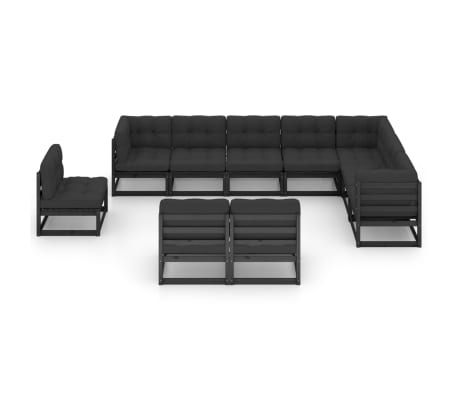 vidaXL 10 pcs conjunto longue jardim c/ almofad&otilde;es pinho maci&ccedil;o preto