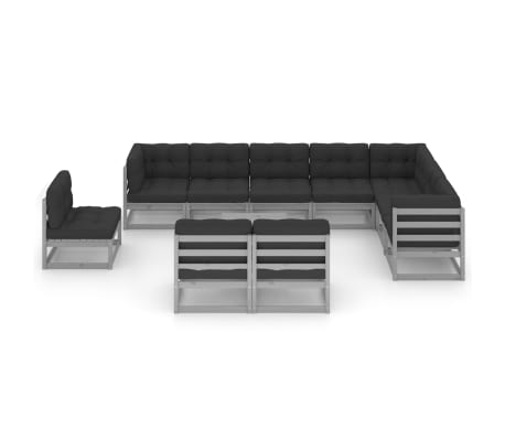 vidaXL Градински лаундж комплект 11 части с възглавници сив бор масив
