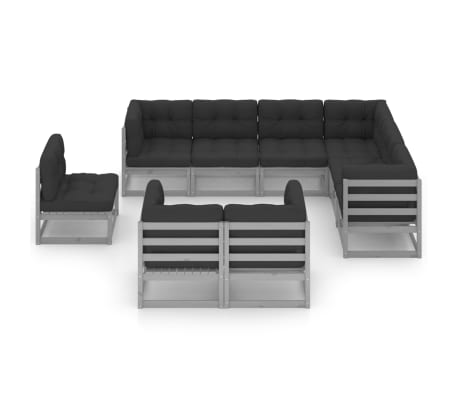 vidaXL 9 Parta Gar&eth;s&oacute;fasett me&eth; Sessum Gr&aacute;tt Gegnheill Furuvi&eth;ur