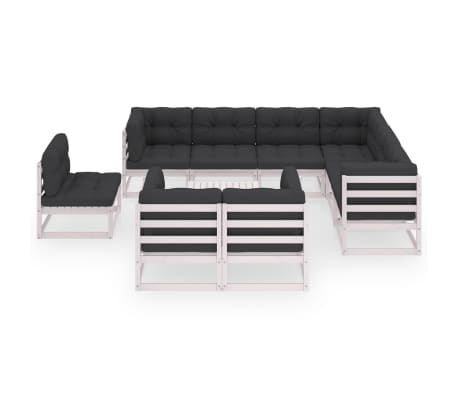 vidaXL عدد 10 قطع طقم جلسة حديقة مع وسائد خشب صنوبر صلب أبيض