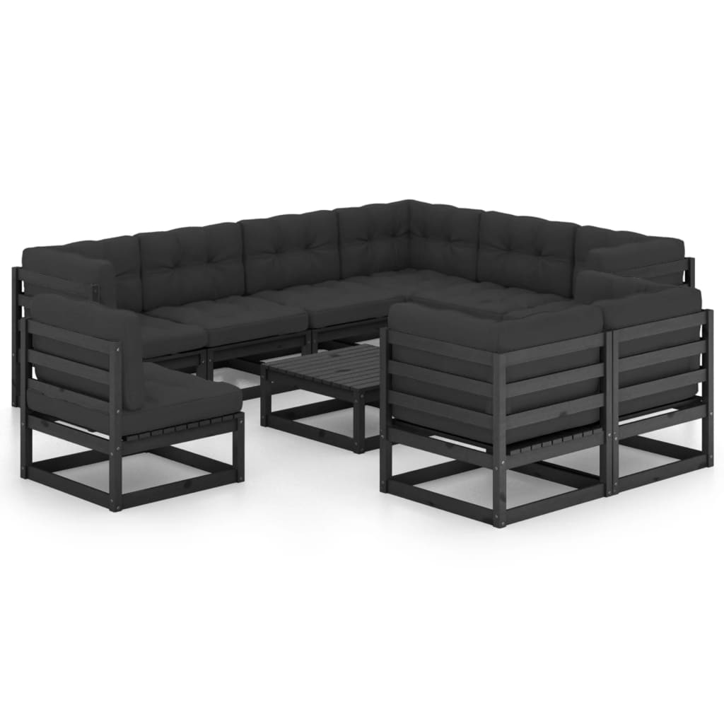 vidaXL Set mobilier grădină cu perne, 10 piese, negru, lemn masiv pin