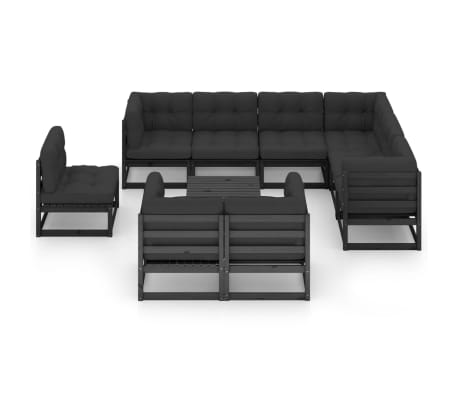 vidaXL Set mobilier grădină cu perne, 10 piese, negru, lemn masiv pin