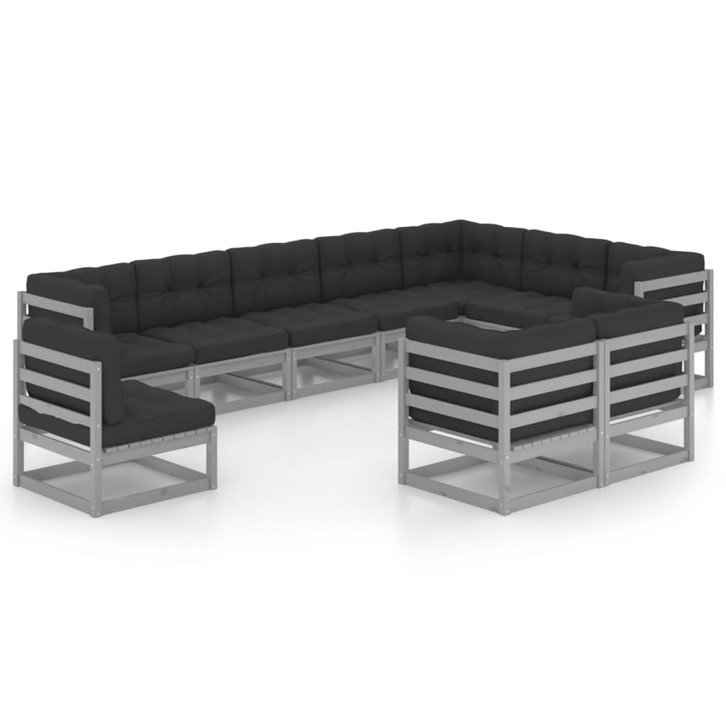 vidaXL 10-tlg. Garten-Lounge-Set mit Kissen Grau Massivholz Kiefer