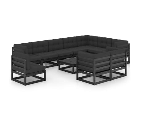 vidaXL 11-tlg. Garten-Lounge-Set mit Kissen Schwarz Kiefer Massivholz