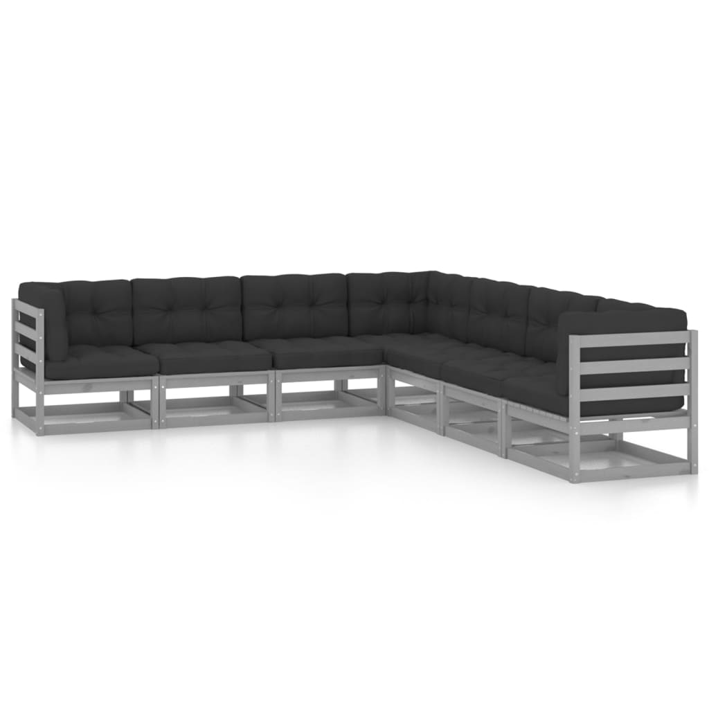 vidaXL 7-tlg. Garten-Lounge-Set mit Kissen Grau Massivholz Kiefer