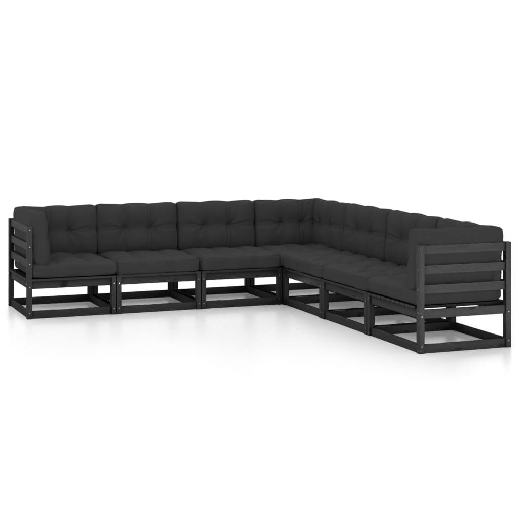 vidaXL 7-tlg. Garten-Lounge-Set mit Kissen Schwarz Massivholz Kiefer