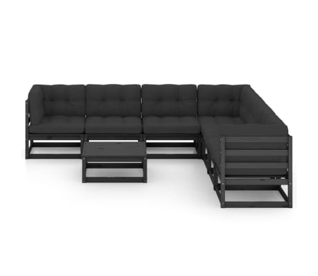 vidaXL 8-dijelna vrtna garnitura s jastucima crna od masivne borovine