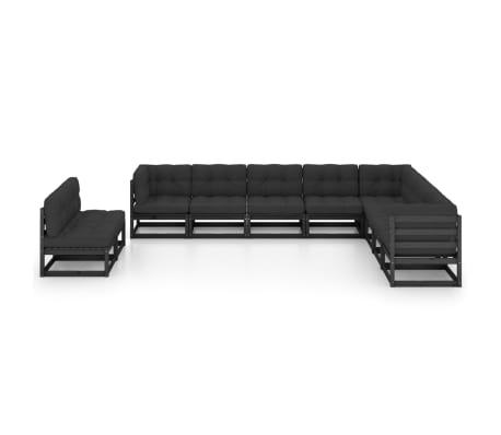 vidaXL Градински комплект от 10 части, с възглавници, черен, бор масив