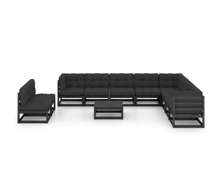 vidaXL Sodo komplektas su pagalvėmis, 11 dalių, juodas, pu&scaron;ies masyvas