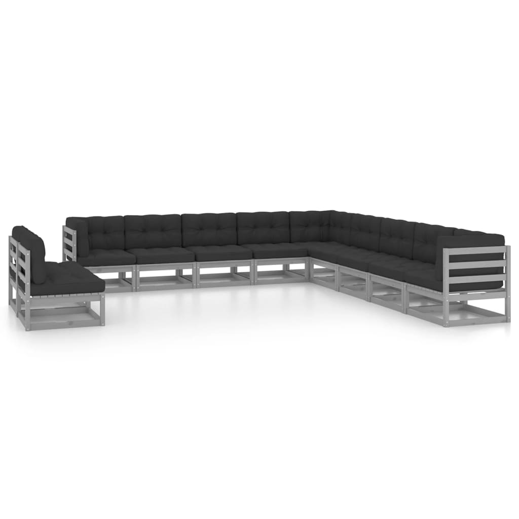 vidaXL 11-tlg. Garten-Lounge-Set mit Kissen Grau Kiefer Massivholz