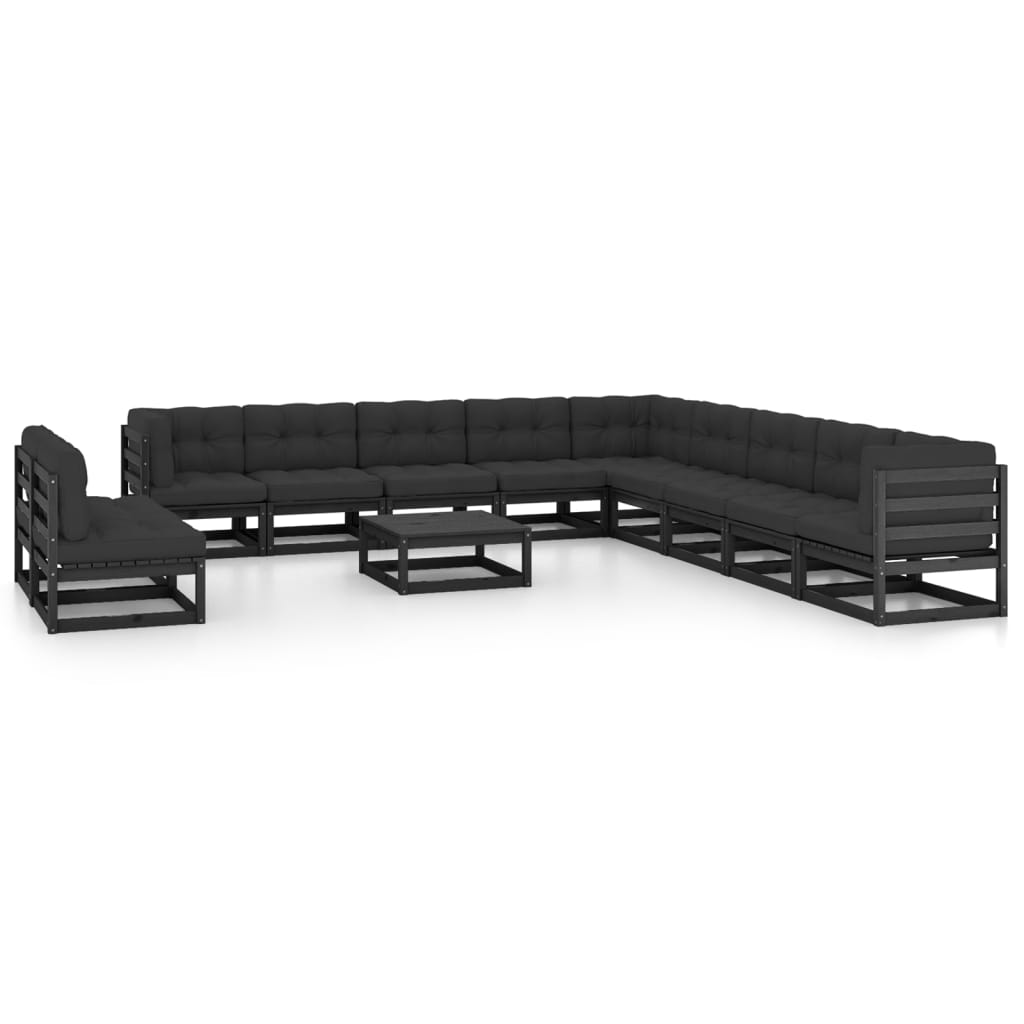 vidaXL 12-tlg. Garten-Lounge-Set mit Kissen Schwarz Massivholz Kiefer