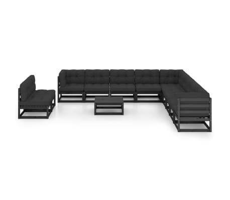 vidaXL 12 pcs conjunto longue jardim c/ almofad&otilde;es pinho maci&ccedil;o preto